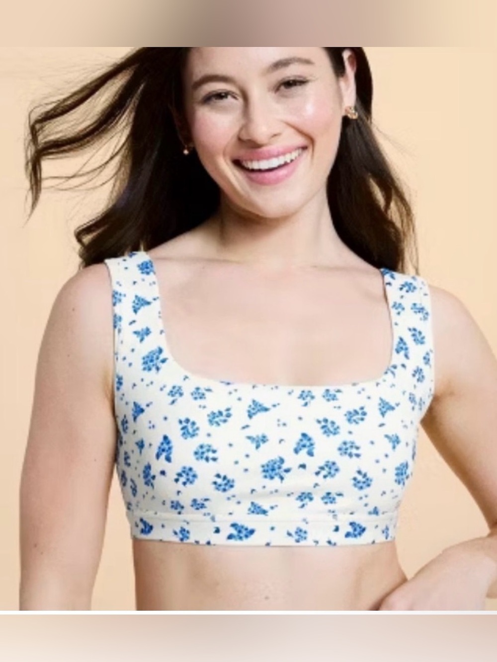 Women’s White Floral Square-Neck Crop Top - Blue Print